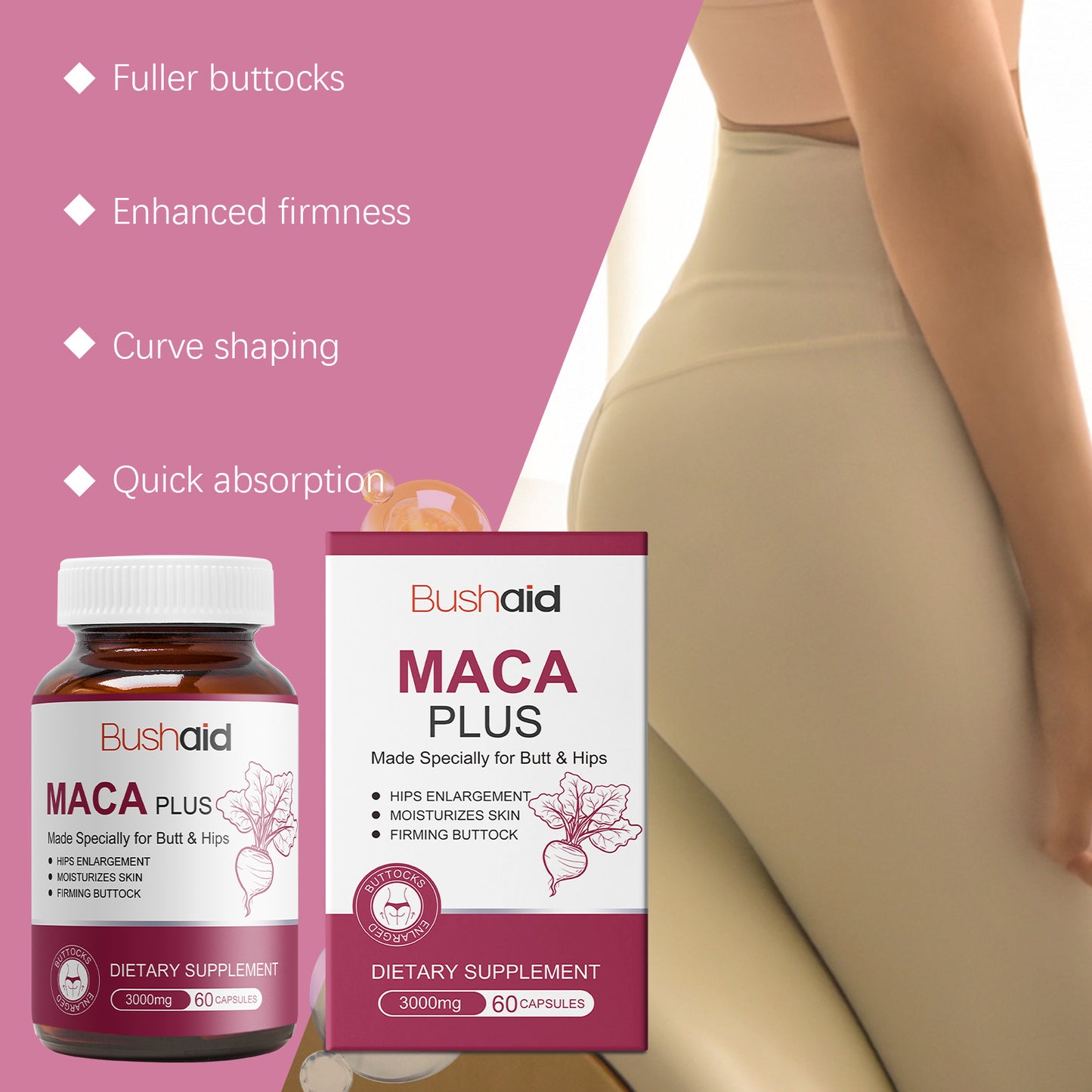 BushAid Maca Butt Capsule Gentle Ingredients Daily Moisturizing And Firming Body Skin Butt Care Capsules