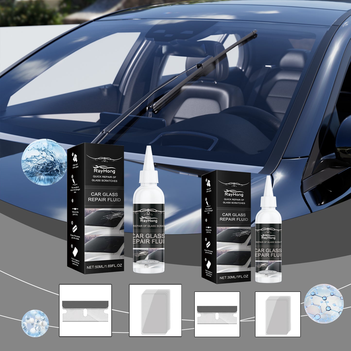 Rayhong Auto Glass Repair Adhesive (30ml) Glass Nano Repair Liquid Rapid Repair Adhesive For Cracked Glass