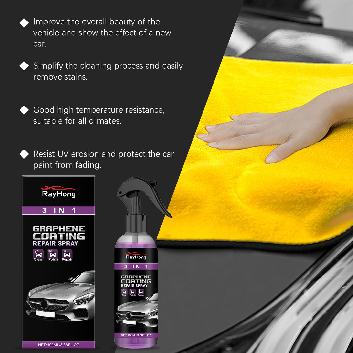 Rayhong 3-In-1 Automotive Paint Protection Spray, Nano-Coating Spray For Waterproofing, Anti-Fogging And Brightening Of Car Surfaces