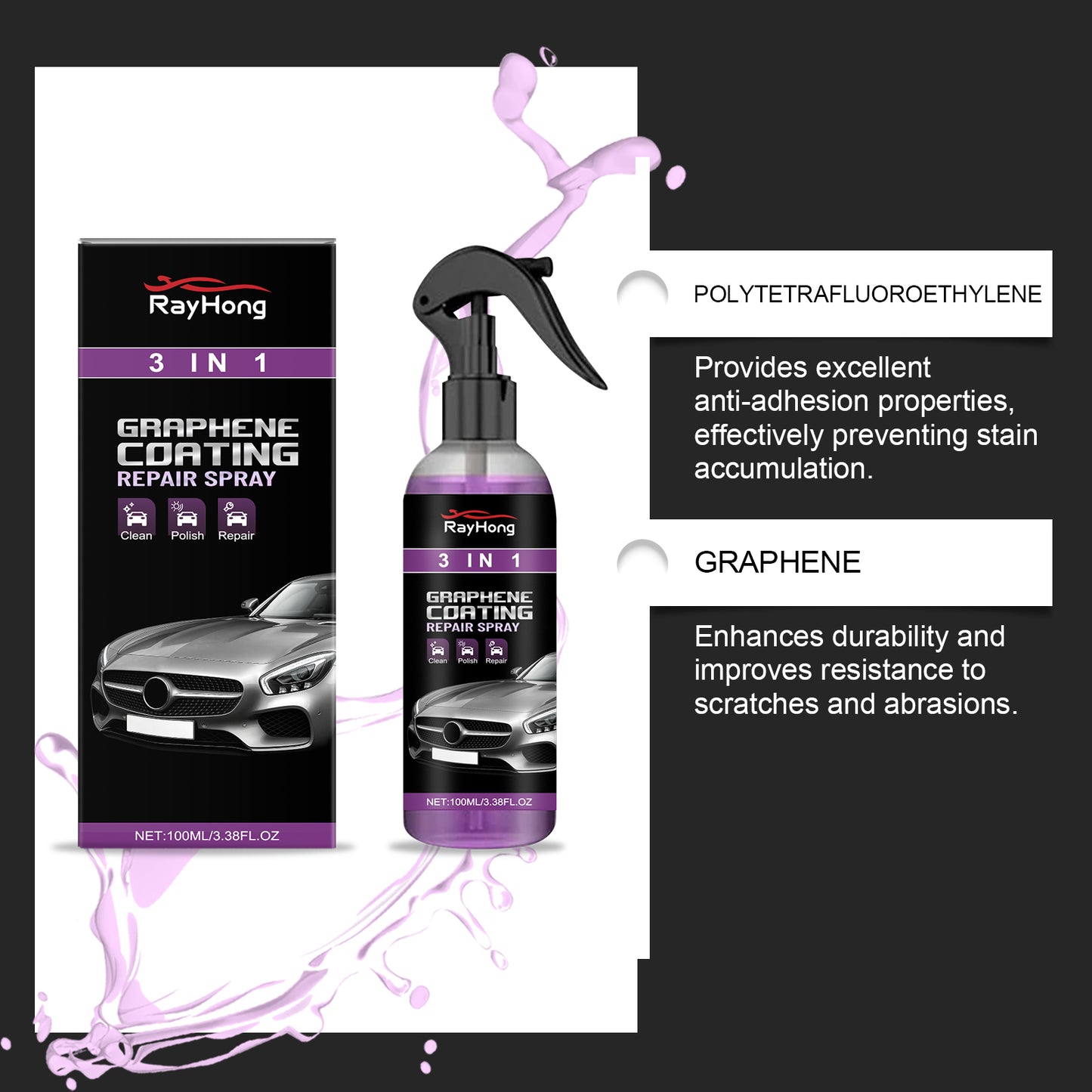 Rayhong 3-In-1 Automotive Paint Protection Spray, Nano-Coating Spray For Waterproofing, Anti-Fogging And Brightening Of Car Surfaces