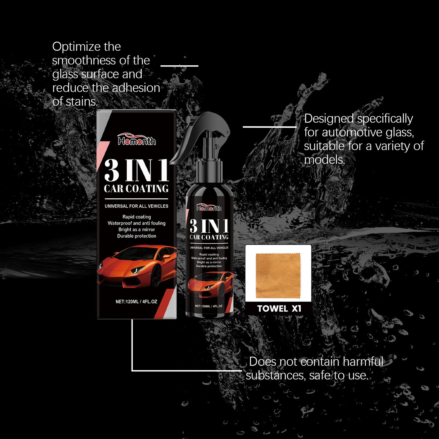 Homonth 3-In-1 Car Coating Spray, Car Coating Paint Surface Waxing, Stain Cleaning, Polishing And Maintenance Spray