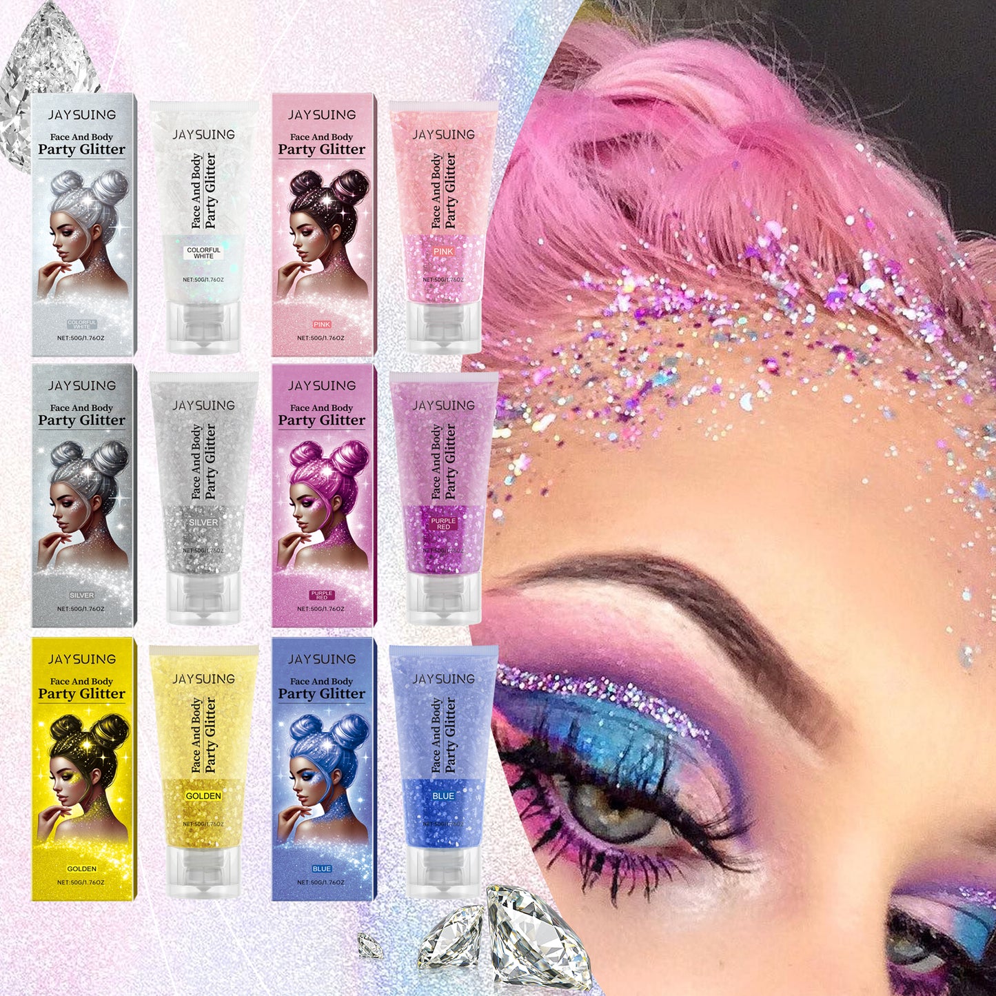 Jaysuing Glitter Glitter Gel, Natural Stereoscopic Body High Glitter Party Rave Multi-Color Option