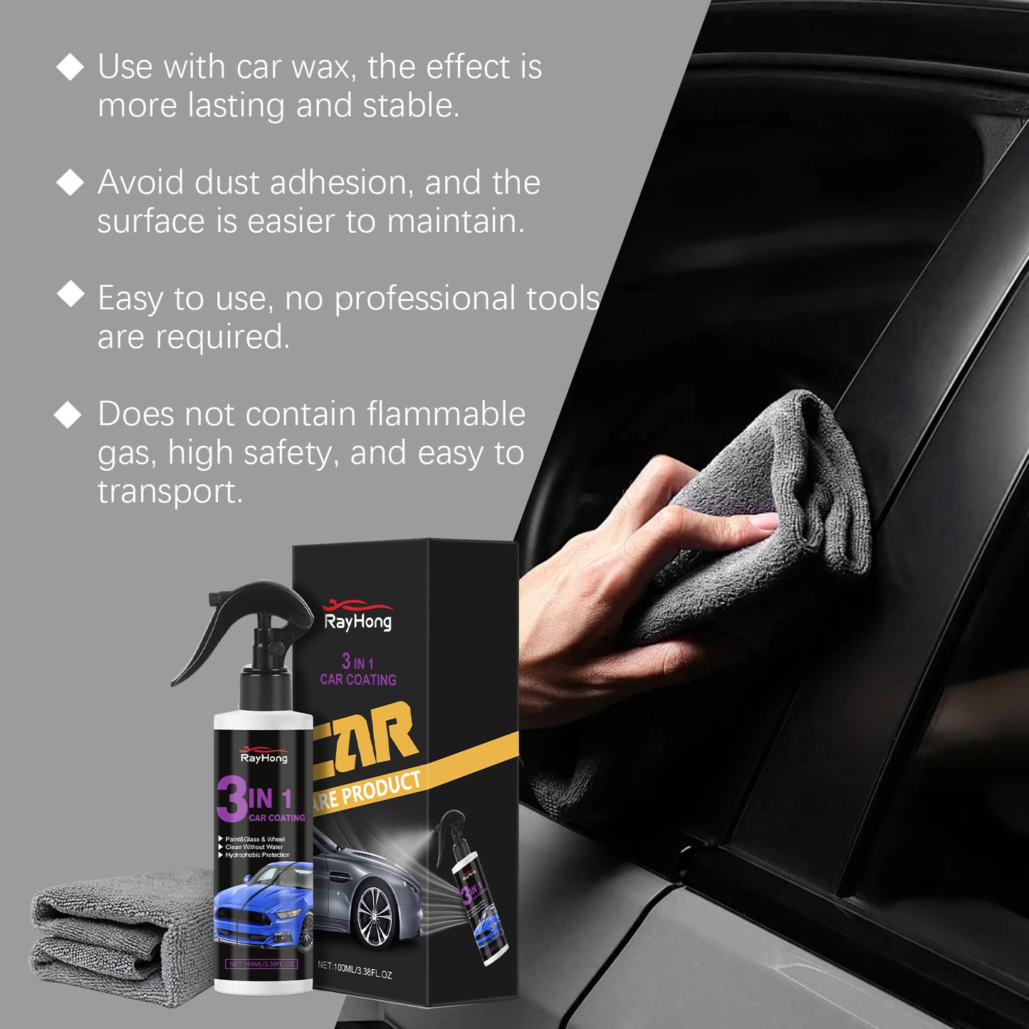 Rayhong 3-In-1 Automotive Paint Spray, For Brightening, Dust-Proofing, Stain-Proofing, Maintenance And Polishing Of Car Surfaces