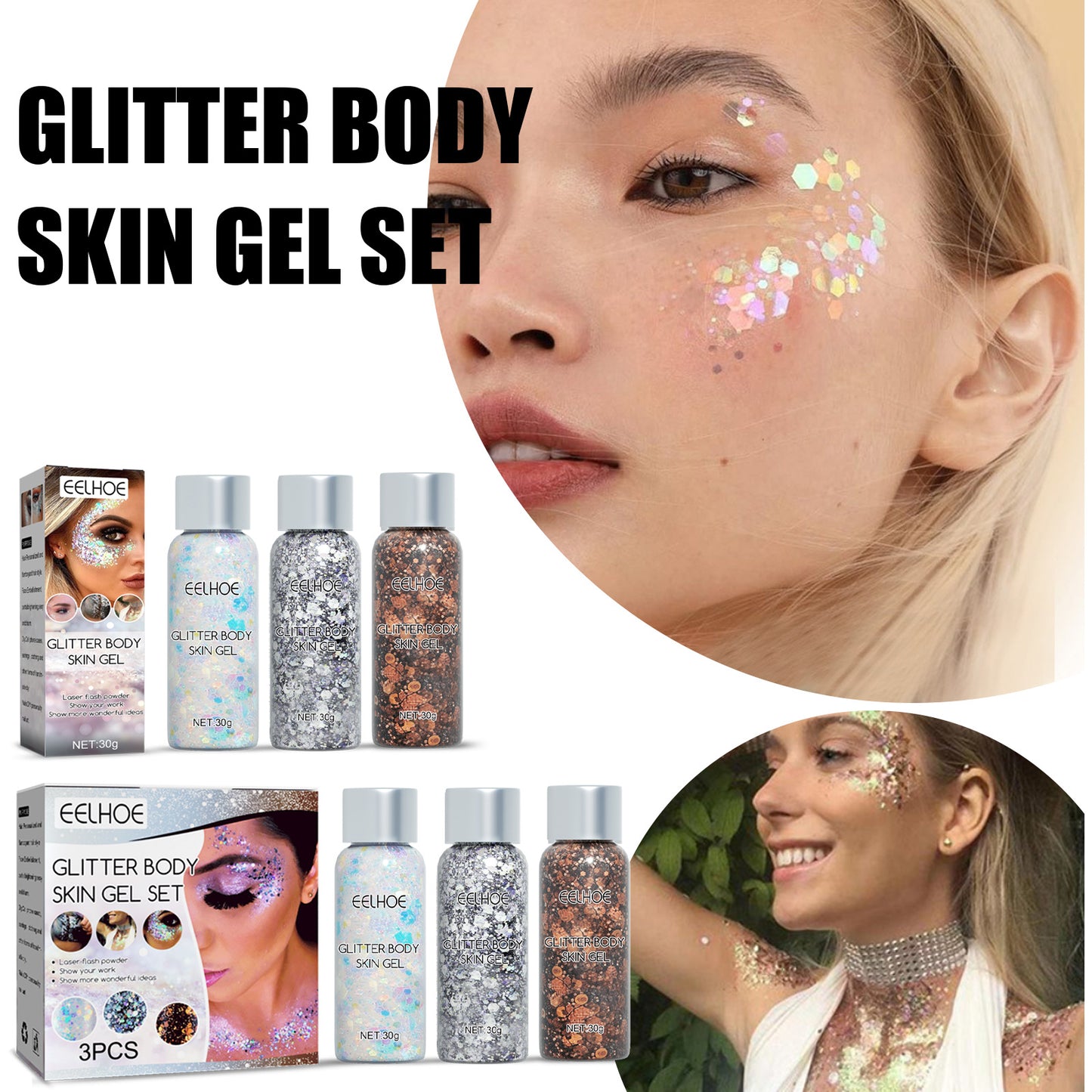 EELHOE Shining Body Skin Gel (White) Makeup Fish Scale Sequin Gel Sequin Stage Performance Makeup Props Eyeshadow