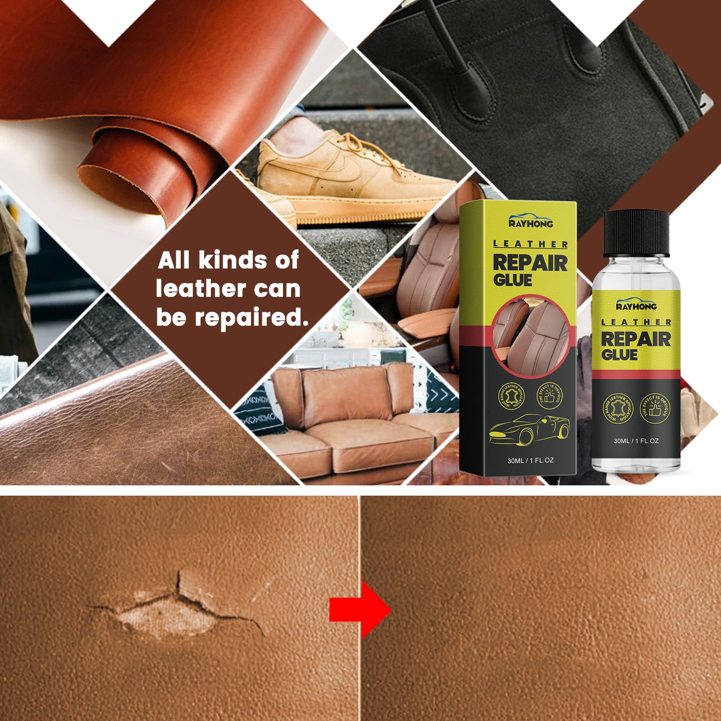 RAYHONG Leather Repair Glue, Reconditioning Leather Seat Leather Sofa Scratches And Cracks Repair Liquid