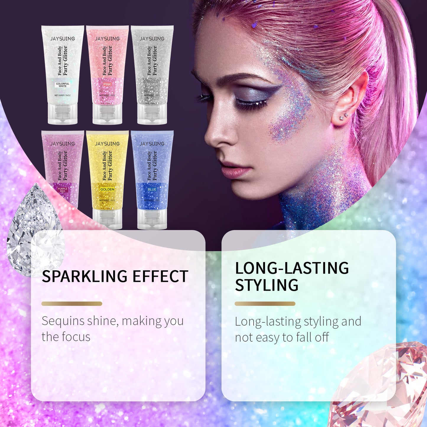 Jaysuing Glitter Glitter Gel, Natural Stereoscopic Body High Glitter Party Rave Multi-Color Option