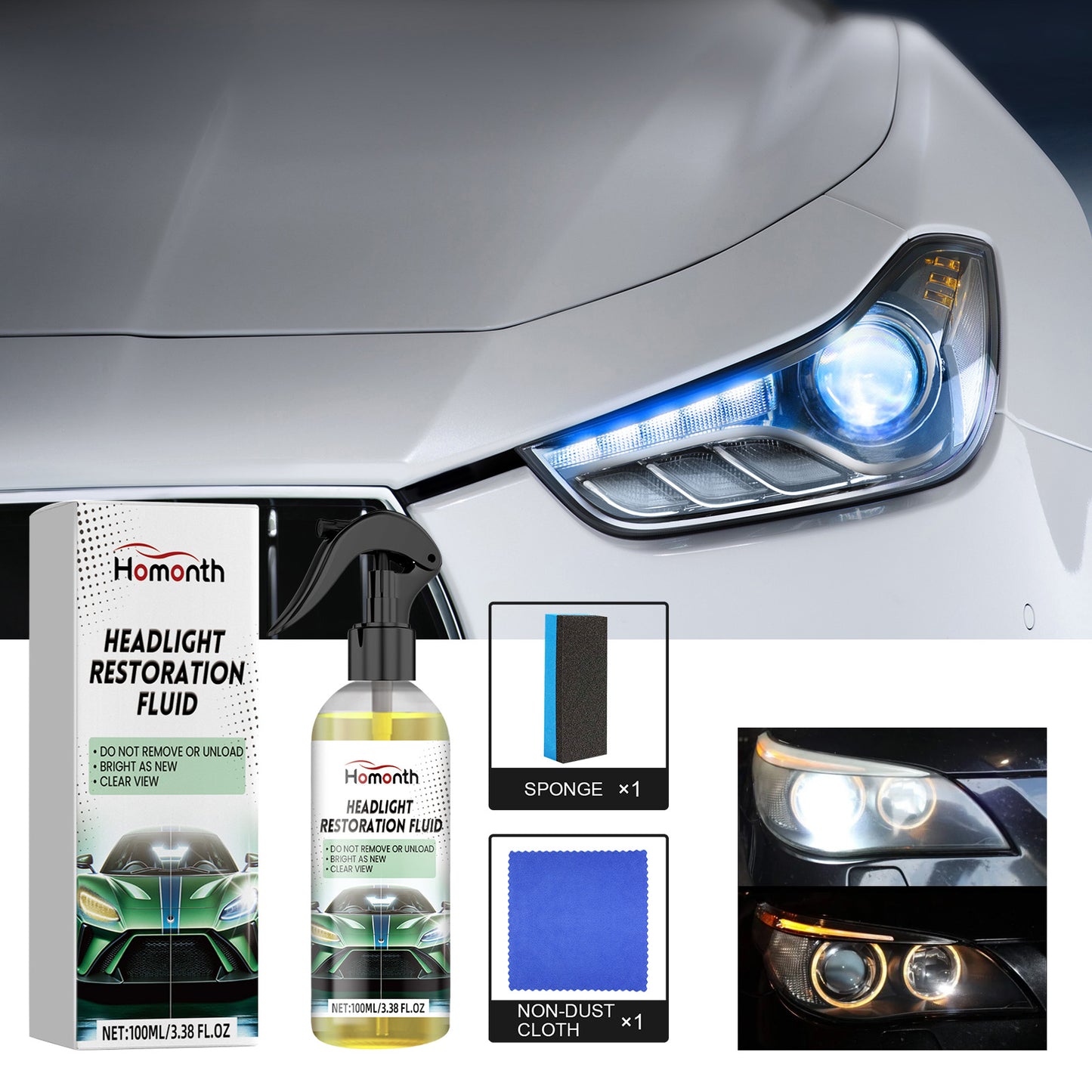 Headlight Restoration Fluid, Car Headlight Scratch Repair Car Light Brightening Plating Crystal Maintenance Polishing
