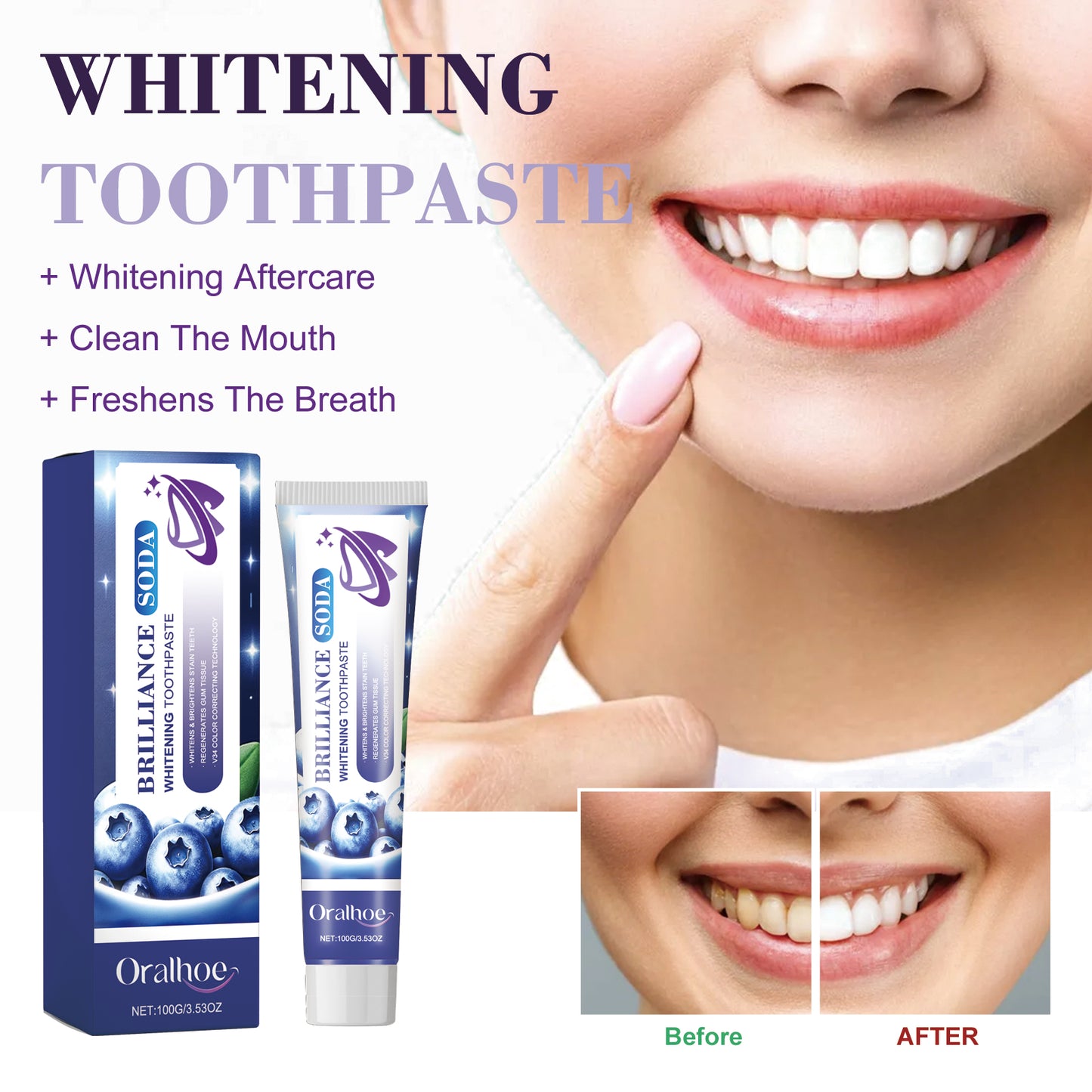 Whitening Toothpaste, Fresh Breath Care Gums Clean Teeth Yellow Stains Tartar White Toothpaste