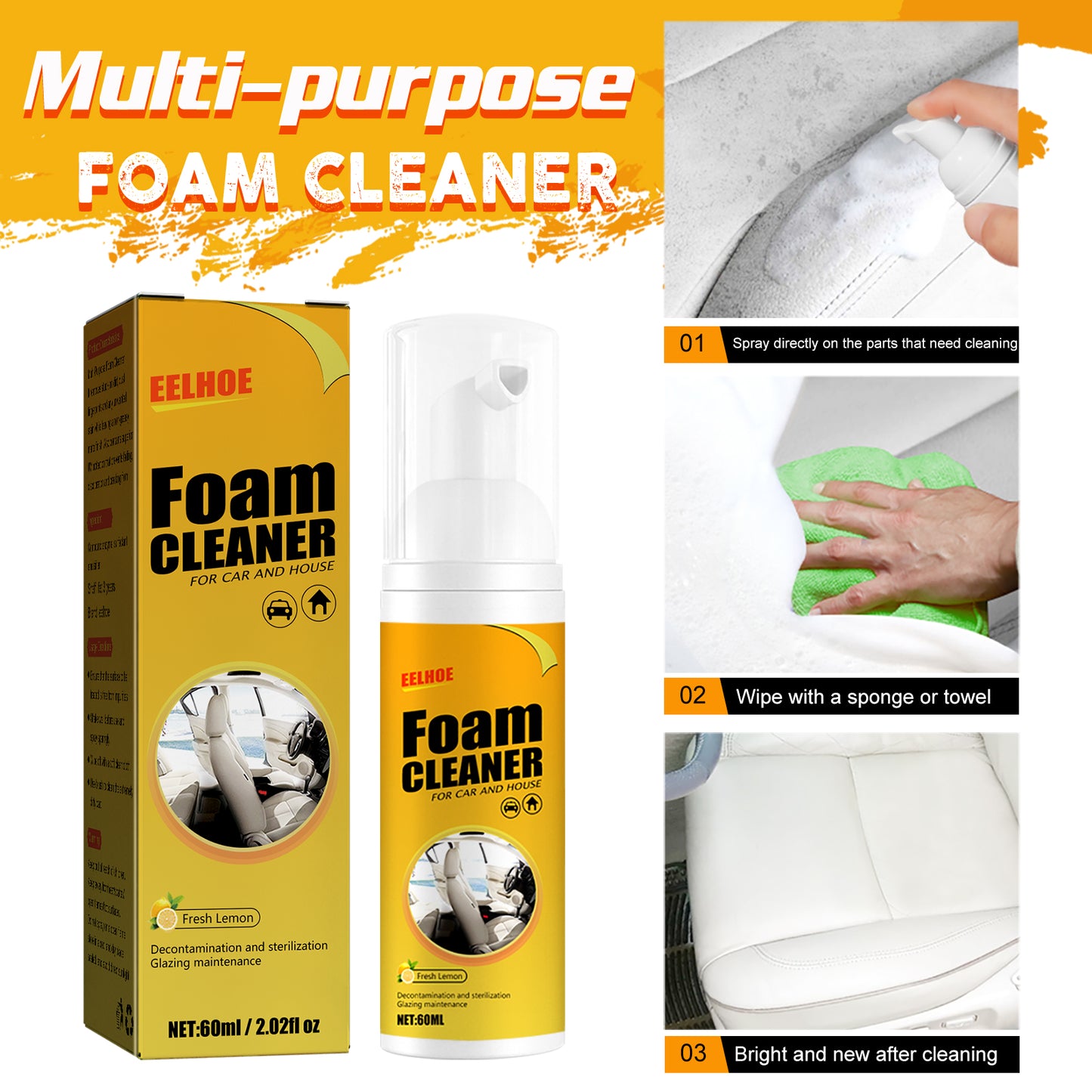 Automotive Steering Wheel Foam Cleaner, Leather Seat Supplies Decontamination Multi-Functional Interior Cleaner