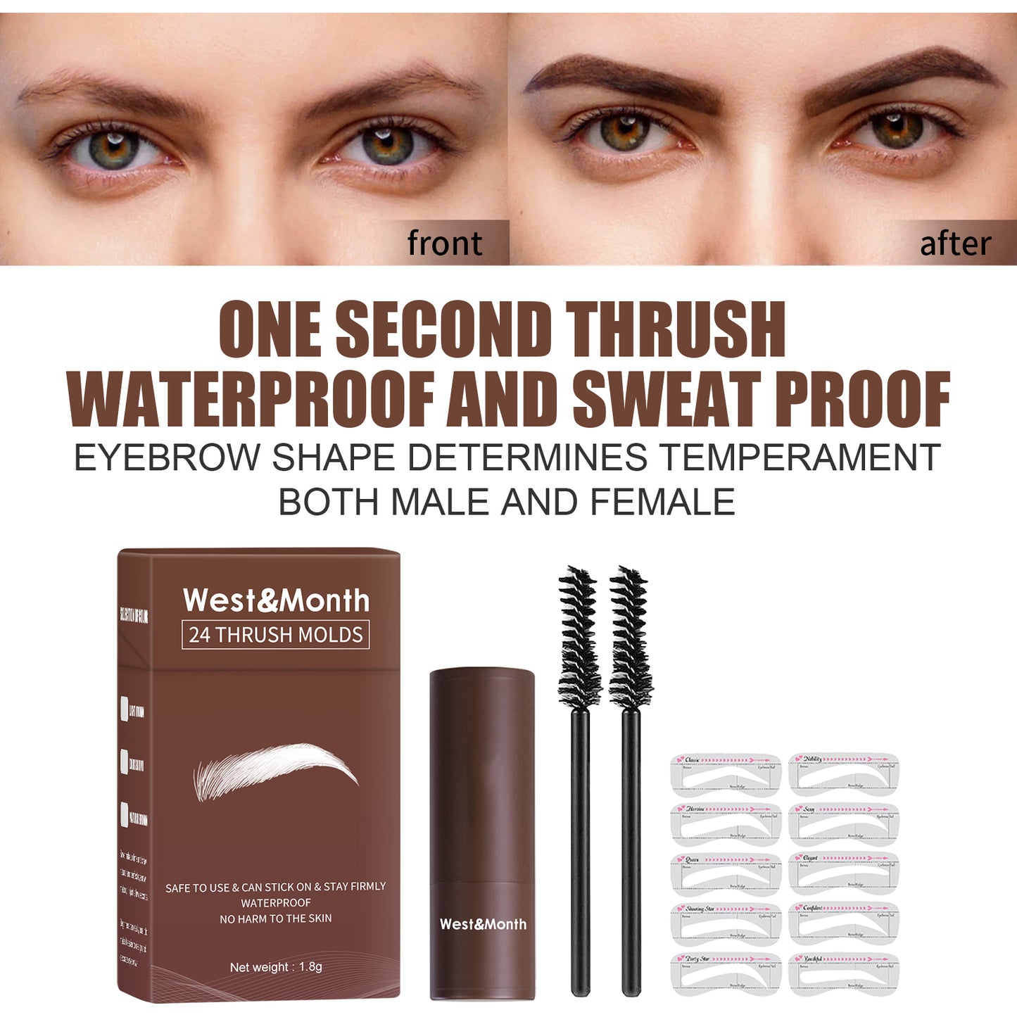 West&month 24 Thrush Molds, Lazy Brow Print Eyebrow Powder Set Durable Waterproof, Sweat Resistant, Makeup Free And Smudge