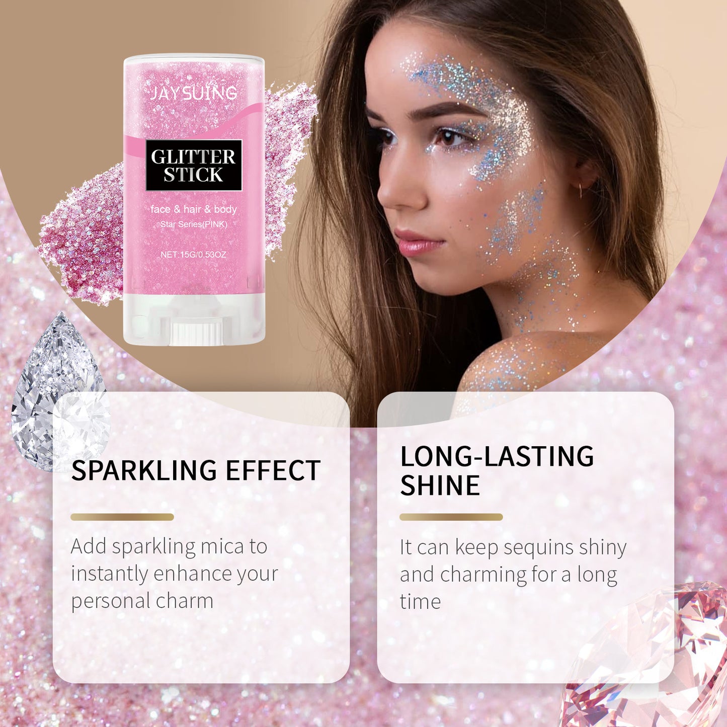 Jaysuing  Sequined Glitter Stick (Pink), Party, Dance, Performance, Makeup, Face, Body, Collarbone, Highlight And Shine